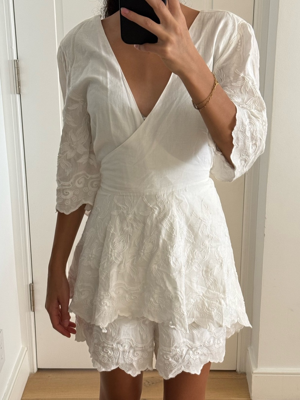 Place Nationale White Embroidered V-Neck Tiered romper
